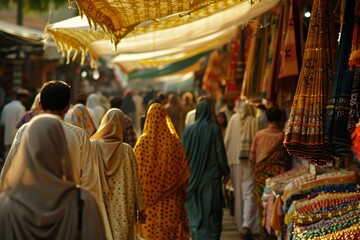 Bustling Indian Market Scene with Women in Traditional Saris at Sunset
