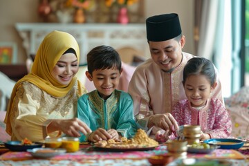 Happy Asian Family in Traditional Clothing Enjoying Meal at Home