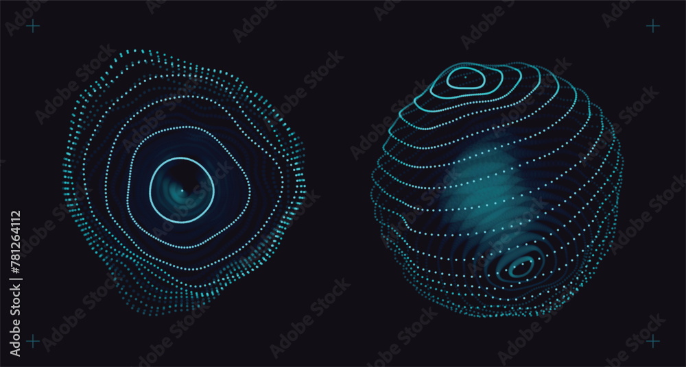 Poster Spheres of Dots Particles. Atom Orb Technology Abstract Design Elements. Collection Of Minimalistic Geometric Design Sci-Fi Elements. Futuristic VR Digital Vector Illustration.