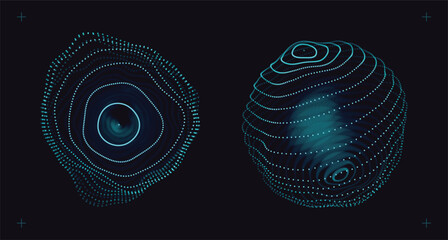 Spheres of Dots Particles. Atom Orb Technology Abstract Design Elements. Collection Of Minimalistic Geometric Design Sci-Fi Elements. Futuristic VR Digital Vector Illustration.