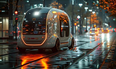 A futuristic electric delivery minivan with a fully autonomous system to navigate city streets - obrazy, fototapety, plakaty