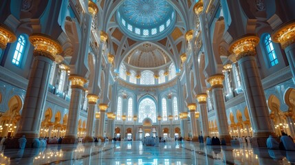 Serene Moment in Grand Mosque Interior with Worshippers Gathering Underneath Ornate Dome - 781264141