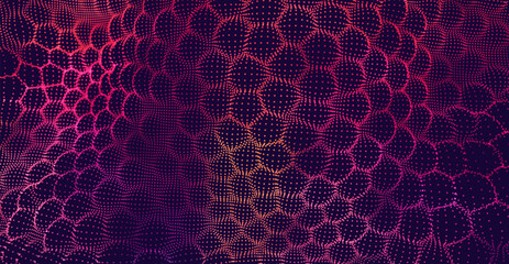 Obraz premium Abstract Purple Medical Science Flowing Particles Background. Abstract Biological Mutation or Microscopic Virus Concept. Biology, Chemistry, Virology Vector Illustration.