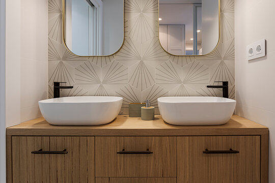 Modern double sink bathroom vanity with textured wall