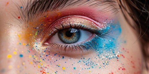 Detailed macro shot of a woman's eye adorned with vibrant, Holi-inspired makeup.