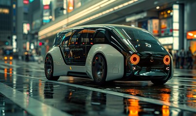 A futuristic electric delivery minivan with a fully autonomous system to navigate city streets