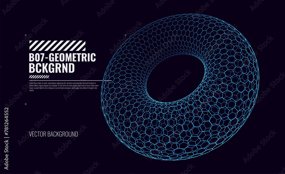 Aufkleber 3d hexagonal nanotube digital torus. 3d nanotech tube ring wireframe. cyber space vr hud design elem