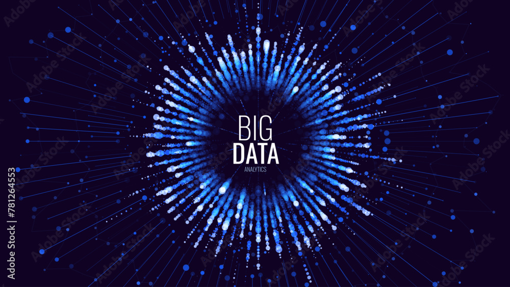 Poster Big Data Circle Graph Visualization Vector. Blue Round Graph Connected Lines. Digital Statistical and Analysis Methods Visual Data Science Concept. Statistics Vector Illustration.