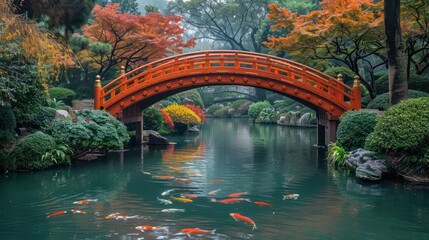 Graceful arching bridges span tranquil koi ponds, their colorful inhabitants gliding beneath the...