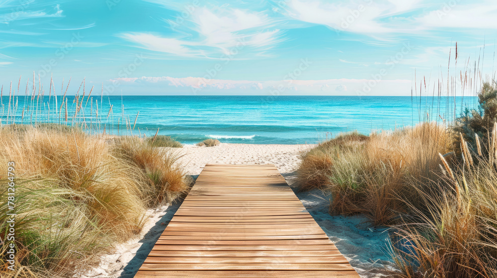 Wall mural wooden path on a sandy beach going to the sea - Wall murals