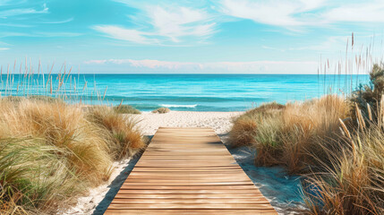 Wooden path on a sandy beach going to the sea - obrazy, fototapety, plakaty