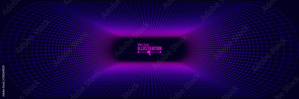 Poster Synthwave Grid Tunnel. Grid Frame Retrowave Party Flyer Background. Round Tunnel Mesh Backdrop. Abstract Digital Background. Vintage Computer Virtual Reality VR Tunnel Technology Vector Illustration.