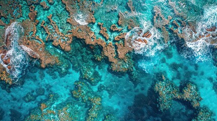Naklejka na ściany i meble Striking coral reefs stretch beneath the turquoise waters of the Coral Sea.