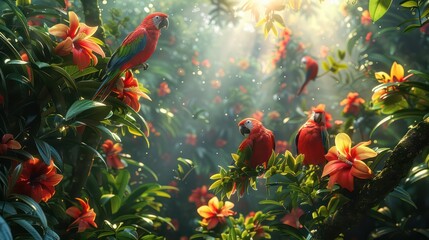 Macaw bird in the lush forests of Costa Rica is a biodiversity paradise. Filled with various wild...
