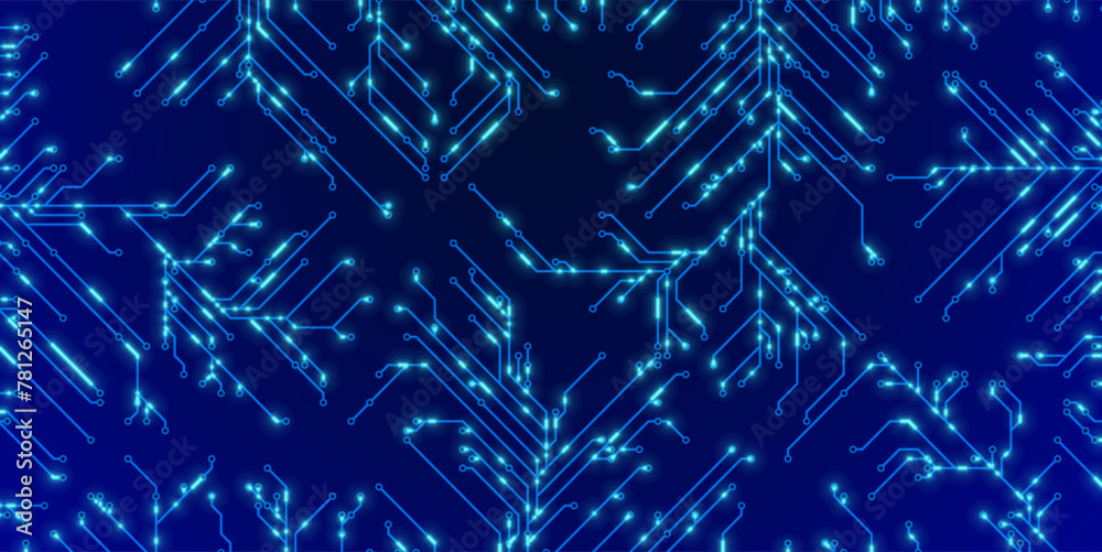 Poster Abstract CPU Computer Microchip Technology Circuit Board Background. Digital Data Transfer through Tech Lines. Motherboard Digital GPU Chip Blue Banner. Cyber Vector Illustration.