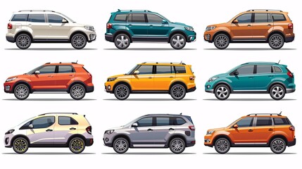 Contemporary fleet of cars with different body styles, including compact, hatchback, sedan, SUV, and minivan. Isolated icons on a white background. - obrazy, fototapety, plakaty