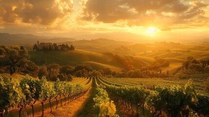 Beautiful vineyards of Tuscany tower above the hillside. Each row of vines was bathed in golden sunlight. So you get wine that has good taste. - obrazy, fototapety, plakaty