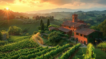 Beautiful vineyards of Tuscany tower above the hillside. Each row of vines was bathed in golden sunlight. So you get wine that has good taste. - obrazy, fototapety, plakaty