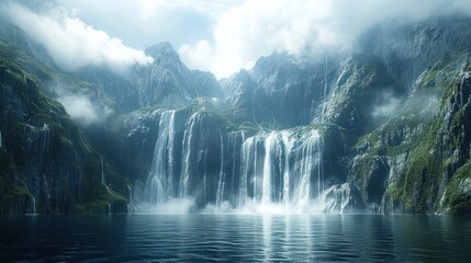 Pristine beauty of New Zealand's Milford Sound, with its towering cliffs and cascading waterfalls,...