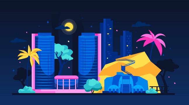 Sri Lanka city architecture - modern colored vector illustration with sights of south asia. Colombo World Trade Center, Sigiriya - lion rock, night city in neon shades, palm trees, resort atmosphere