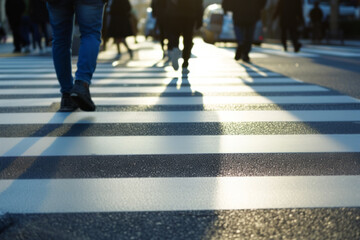 Crowd of People Crossing Street in Summer Evening Light