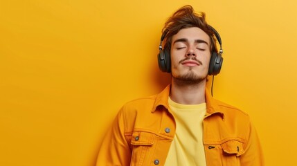 Man with on yellow background listening to music with headphones