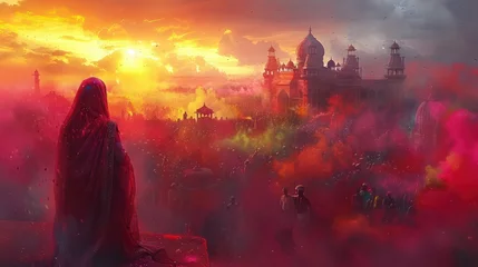 Zelfklevend Fotobehang Bright colors of the Holi festival in India fill the landscape with colour. As people gather to celebrate the arrival of spring © bird_saranyoo