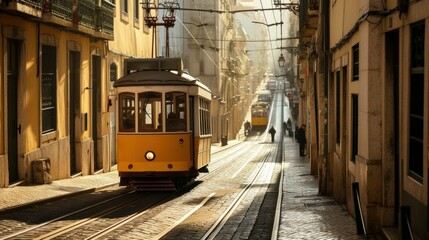 Romantic Lisbon street with the typical yellow tram and Lisbon Cathedral on the background
