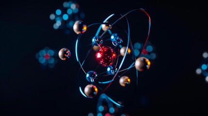 A conceptual 3D representation of an atom with orbiting electrons and colorful bokeh, symbolizing science, molecular structure, and discovery. Banner. Copy space
