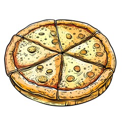 Cheese pizza on white background, graphical color illustration generated with AI , fast food element for bakery and street food menu