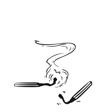 Burnt matches with smoke coming from one match after it went out, Hand drawn illustration, Vector sketch
