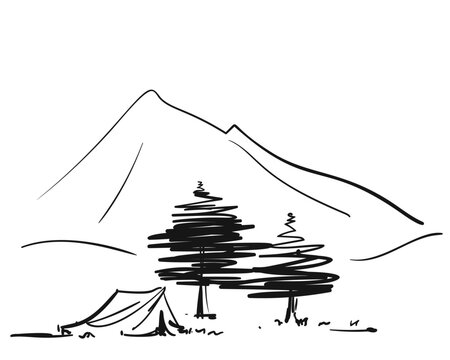 Camping outdoors in the wild, Vector sketch, A tourist tent stands next to two trees against the backdrop of high mountains, Hand drawn illustration black and white graphic