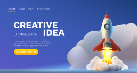 Rocket space startup, creative idea cover, landing page web site, Vector illustration  - obrazy, fototapety, plakaty