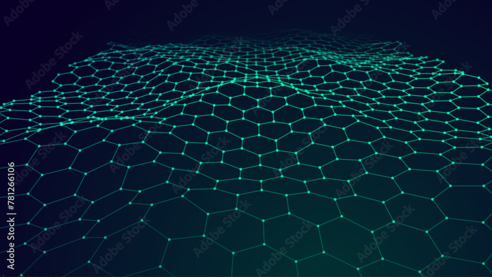 Aufkleber Graphene Hexagonal Grid. Molecular Network of Hexagons Connected. Chemical Network. Carbon Nanomaterials Nanotechnology Concept. Vector 3D Illustraion.
