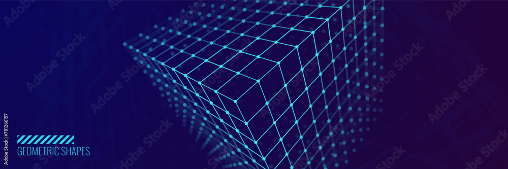Poster 3D Cube Banner. Object with Dots and Lines. Molecular Grid. 3D Technology Style Baner Design. Vector Illustration. Futuristic Connection Structure for Technology or Science Concept.
