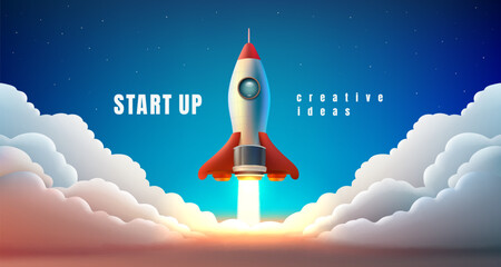 Naklejka na ściany i meble Rocket space startup, creative idea cover, landing page web site, Vector illustration 