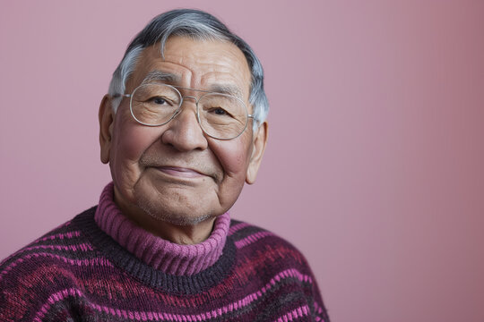 senior Asian man with a soft smile, wearing glasses and a cozy sweater, depicted in a close-up portrait with a soft pink studio background, radiating wisdom and contentment.