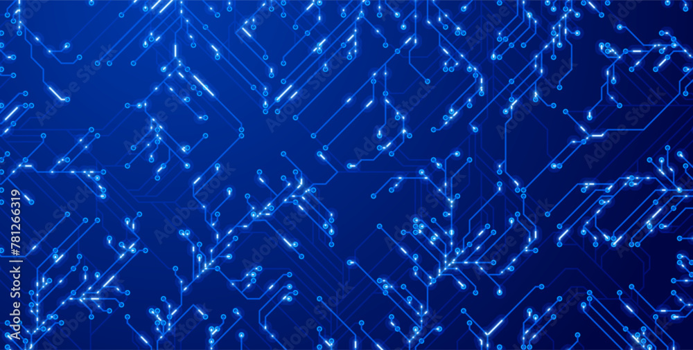 Poster Abstract CPU Computer Microchip Technology Circuit Board Background. Digital Data Transfer through Tech Lines. Motherboard Digital GPU Chip Blue Banner. Cyber Vector Illustration.