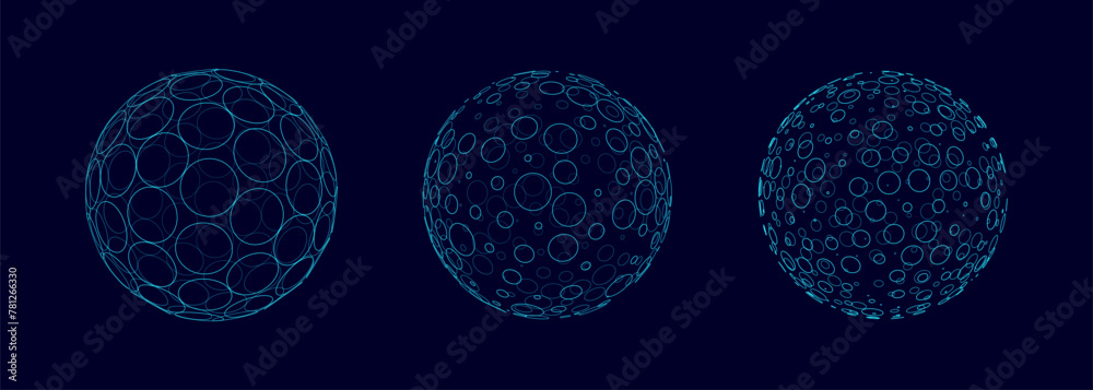 Poster Circle Lines on 3D Spheres. Global Digital Connections. 3D Wireframe Sphere Symbols Illustration. Abstract 3D Design. Technology Science Style Vector Background.