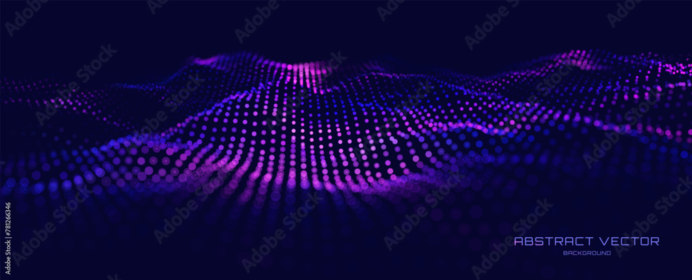 Poster Abstract Sound Wave Background. Glowing Particles Musical Wave. Digital Network Cyber Big Data Flow. 3D Surface Vector Fields. Vector Illustration. Virtual Reality Cyber Space Metaverse Backdrop.