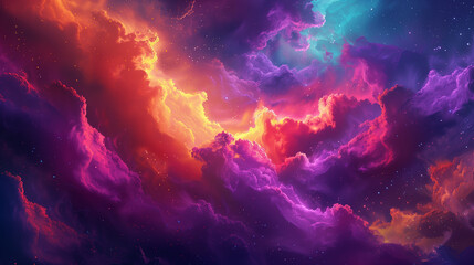 Colorful space scene with purple clouds in the center. The sky is full of stars and bright colors. - obrazy, fototapety, plakaty