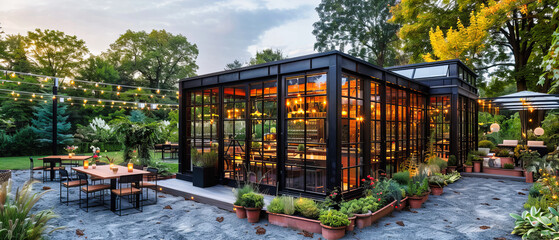 Fototapeta premium Rustic Greenhouse in Nature, Agricultural Building Amidst Trees, Summer Gardening and Cultivation Space