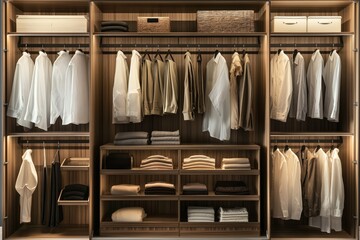 A walk-in closet packed with neatly arranged mens clothing items
