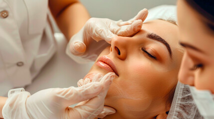 A syringe delicately administers filler to plump red lips, an epitome of cosmetic enhancement with a focus on beauty and precision. Lip augmentation procedure. Banner. Copy space