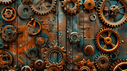 Rustic Metallic Machinery with Vintage Gears, Industrial Engine Design, Steampunk Inspired Mechanical Detailing on Black Background