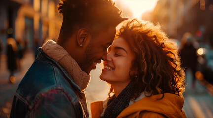 City streets at a sunny day. Affectionate diverse couple sharing a tender kiss