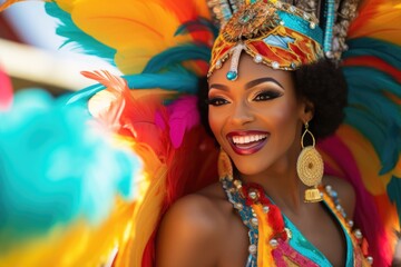 A woman joyfully smiles while dressed in vibrant carnival attire