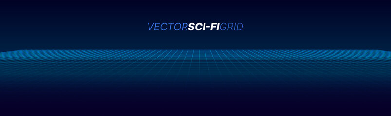 Blue Glowing Grid of Curved 3D Stage. Perspective Grid. Wide Black Blueprint Background Texture. - obrazy, fototapety, plakaty