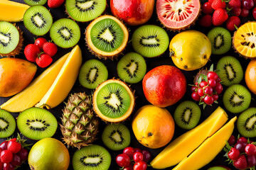 Tropical Morning Delight: Colorful Fruit Salad and Fluffy Pancakes in Vibrant Style