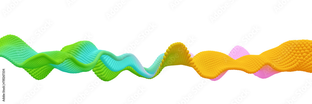 Poster Abstract Sound Wave Background. Glowing Particles Musical Wave. Digital Network Cyber Big Data Flow. 3D Surface Vector Fields. Vector Illustration. Virtual Reality Cyber Space Metaverse Backdrop.